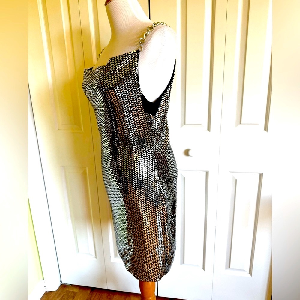 NEW VENUS Black/Silver Metallic Chain Straps Tank Dress M NWOT - Picture 3 of 7